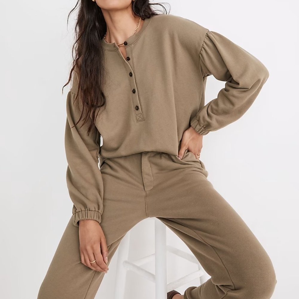 MADEWELL MWL (Re)SOURCED SURPLUS GREEN TERRY RELAXED HENLEY SWEATSHIRT